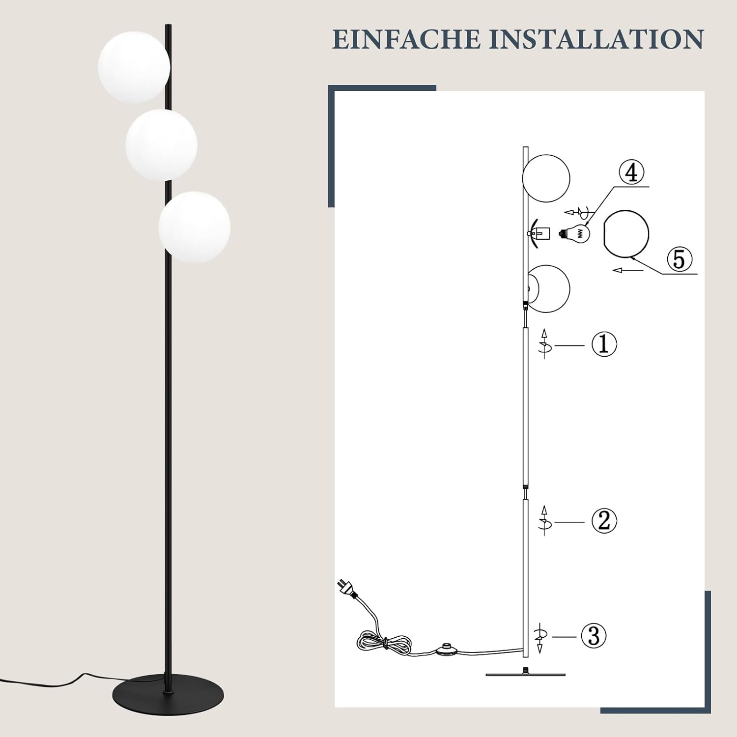 ZMH Lampadaire Noir 3 Lumières Pied E27 Moderne Design Métal Verre avec Interrupteur Pour Salon Bureau - 9