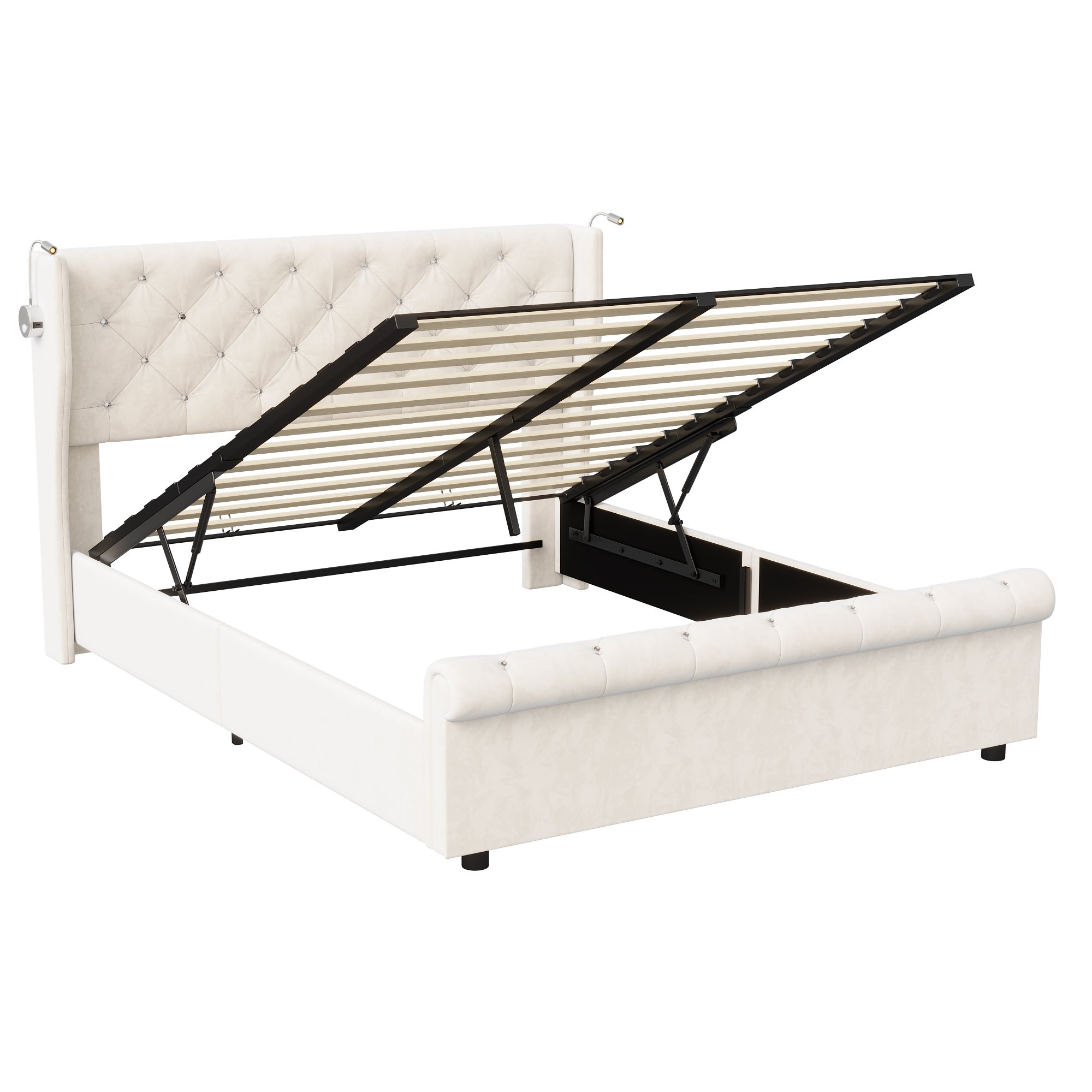 Lit coffre 140x190 velours beige, tête de lit avec LED et port USB, sommier à lattes inclus, rangement hydraulique à vérins, chambre adulte - 9