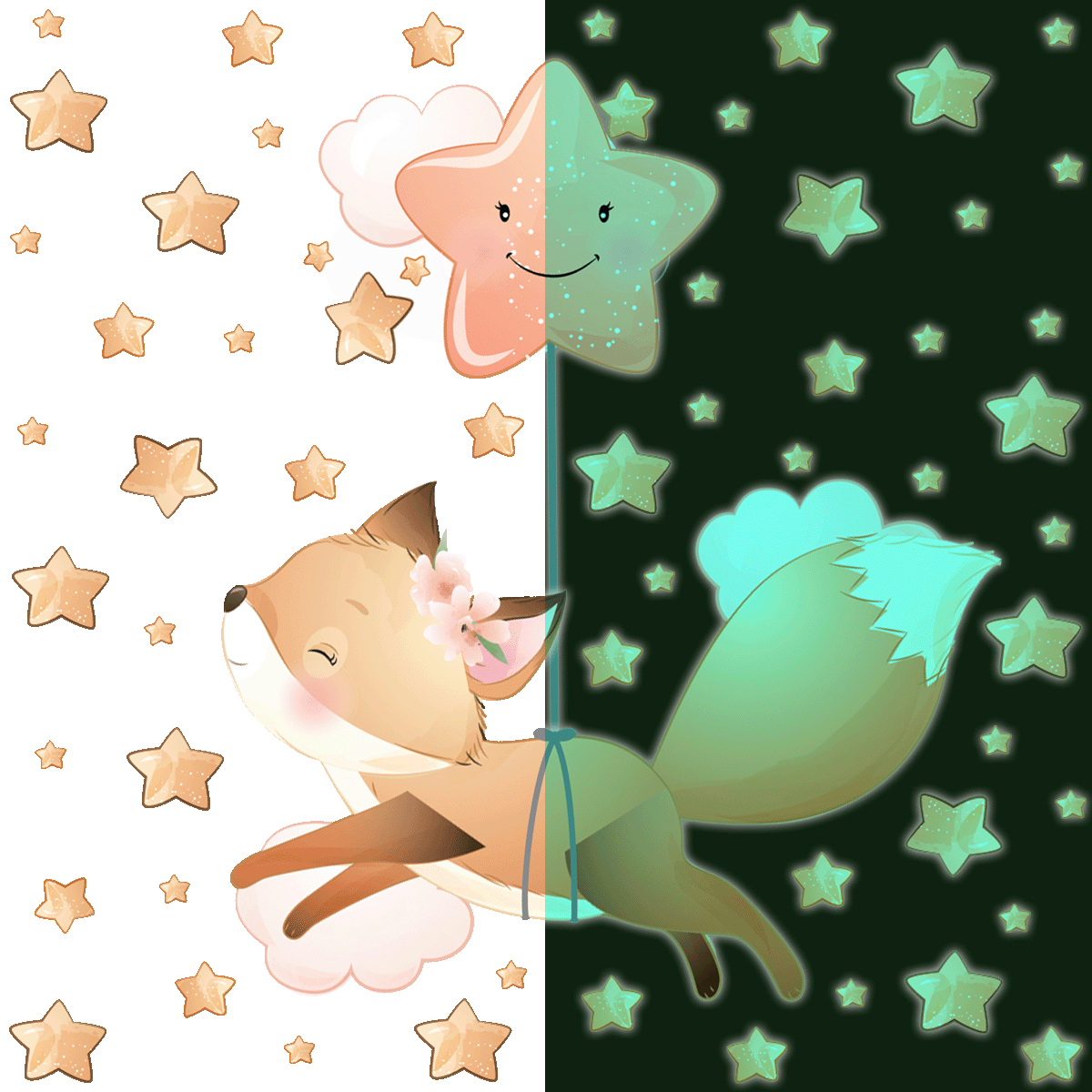 Adesivos fosforescente volpe tra le stelle + 60 stelle - Sticker adesivo - adesivi murali - 110x110cm - 2