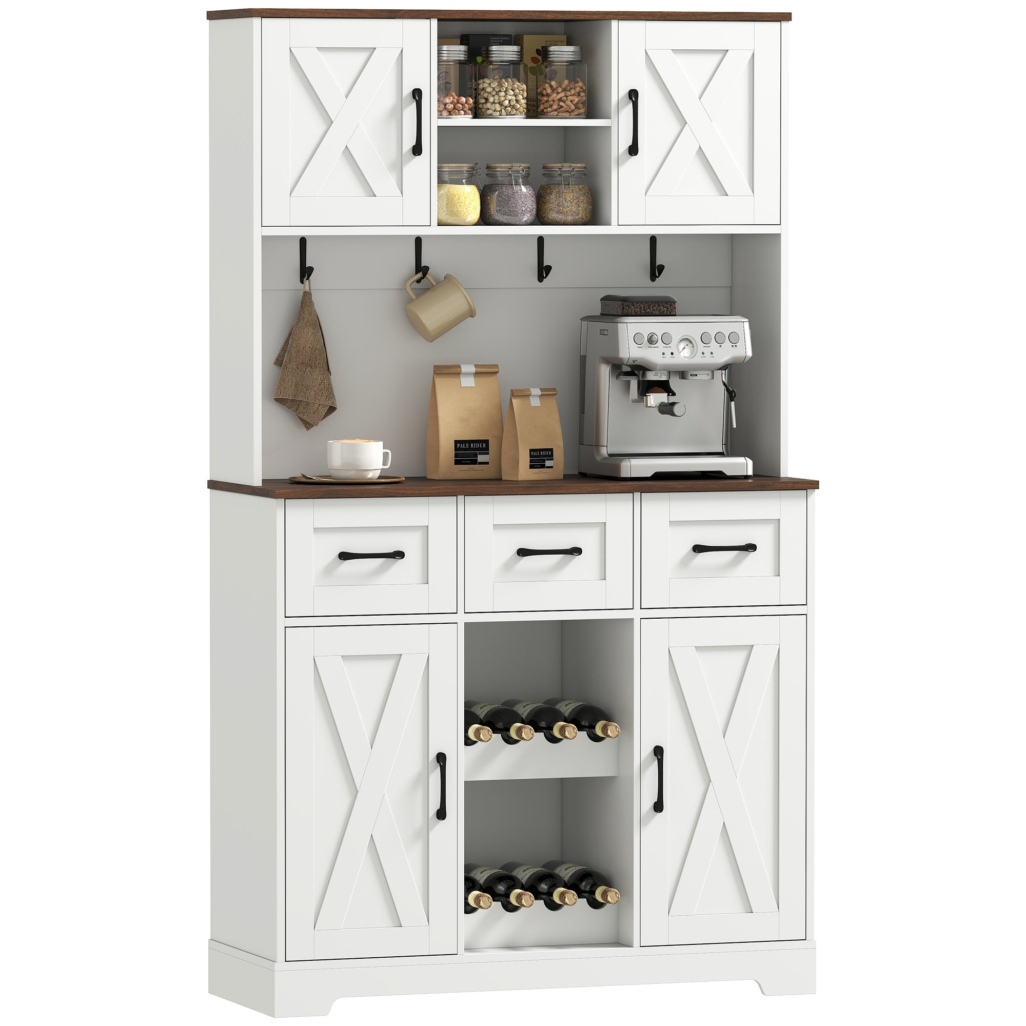 Alacena de cocina con botellero para 8 botellas 4 puertas 3 cajones encimera amplio 100x38x172 cm blanco