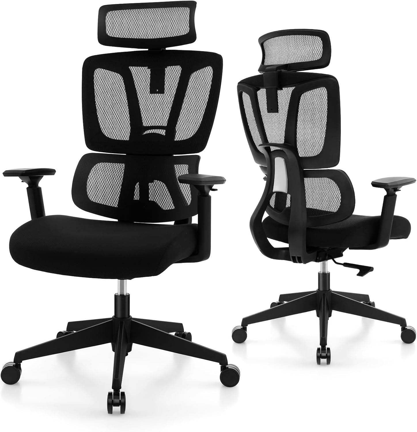 Ergonomiczne Krzesło Biurowe z Podłokietnikami, Regulowanym Siedziskiem i Oparciem, Podparciem Lędźwiowym, Obrotowym Siedziskiem o 360° i Kółkami.