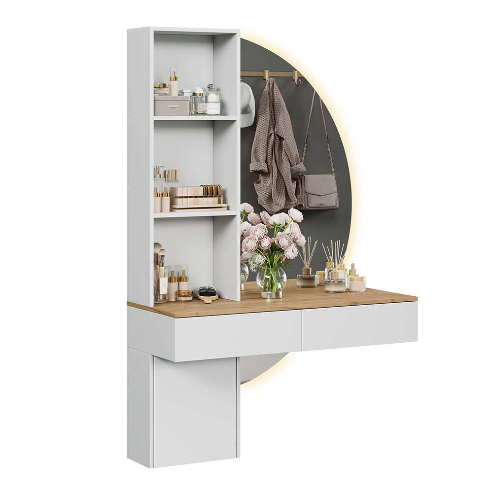 Vicco Stolik do przebierania Melora, Biały/dąb, 100 cm z lusterkiem LED