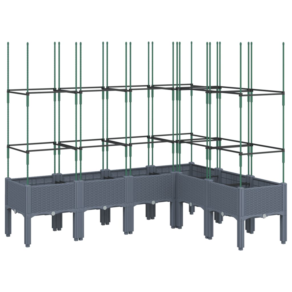 Jardinière Avec Treillis Bleu Gris 160x40x140 Cm – 4 Bacs PP Rotin Look, Idéale Plantes Grimpantes Et Légumes