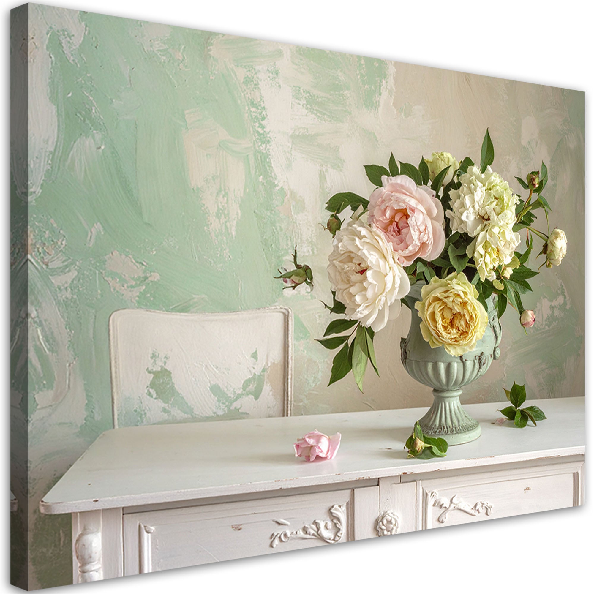 Obraz, Kwiaty w stylu shabby chic romantyczna dekoracja z bukietem piwonii na pastelowym tle 45x30