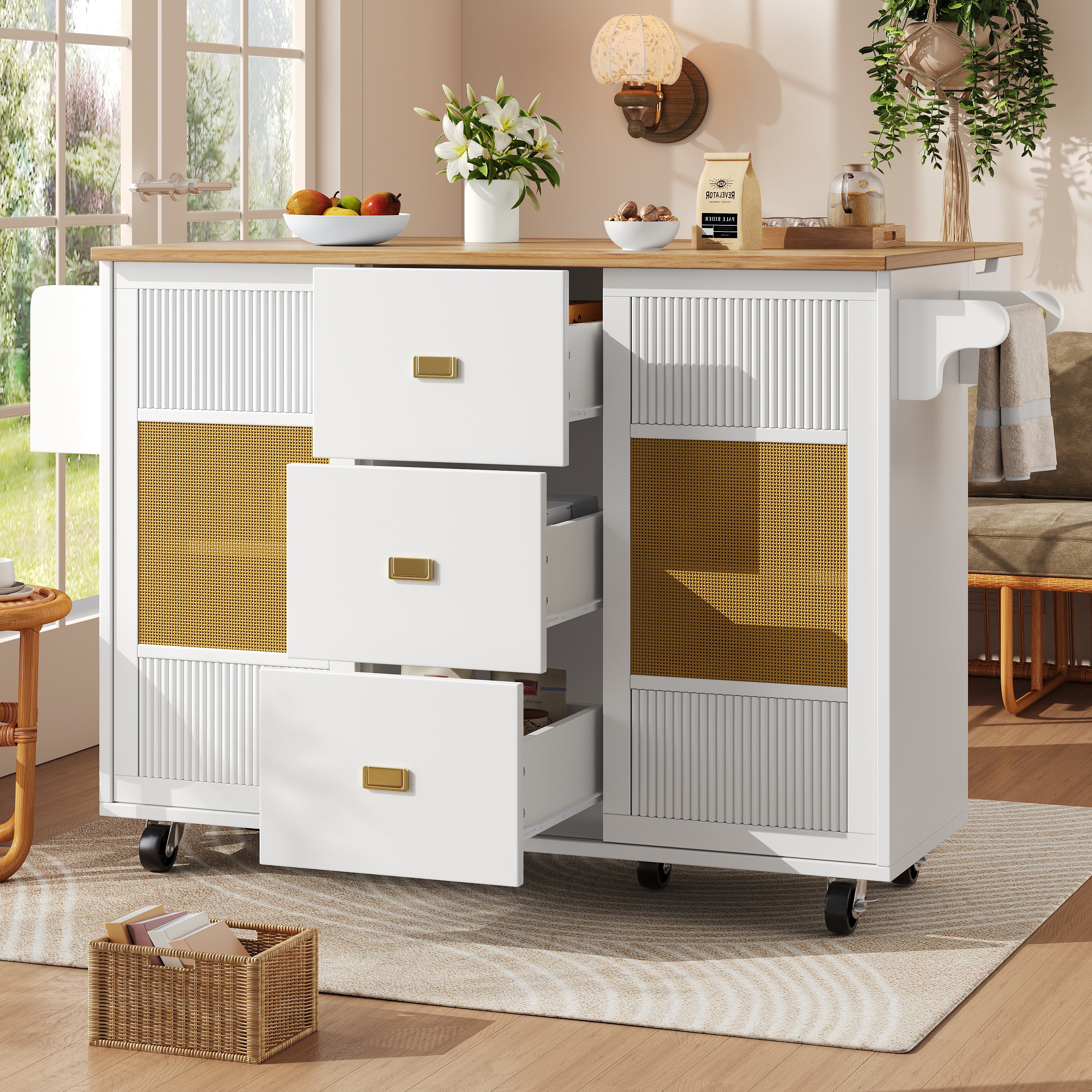 Mobilna wyspa kuchenna 146,85x70x90cm - 3 szuflady i 2 drzwi - wysuwany blat - biała