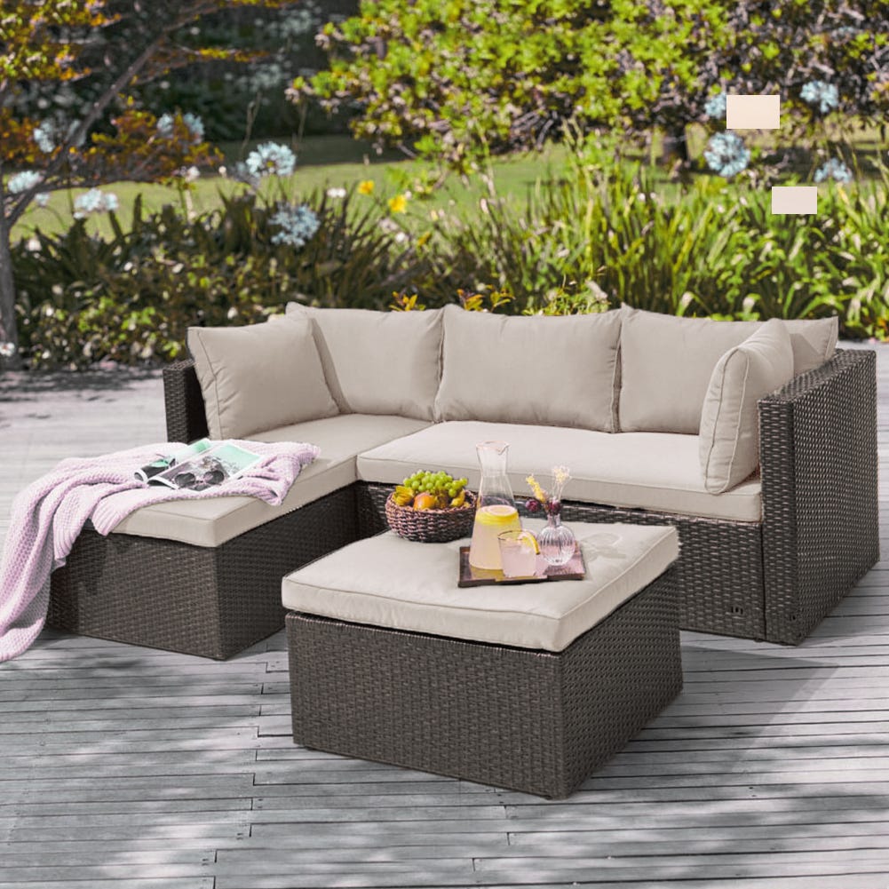Set Salotto Divano in Polyrattan con Pouf Contenitore da Esterno