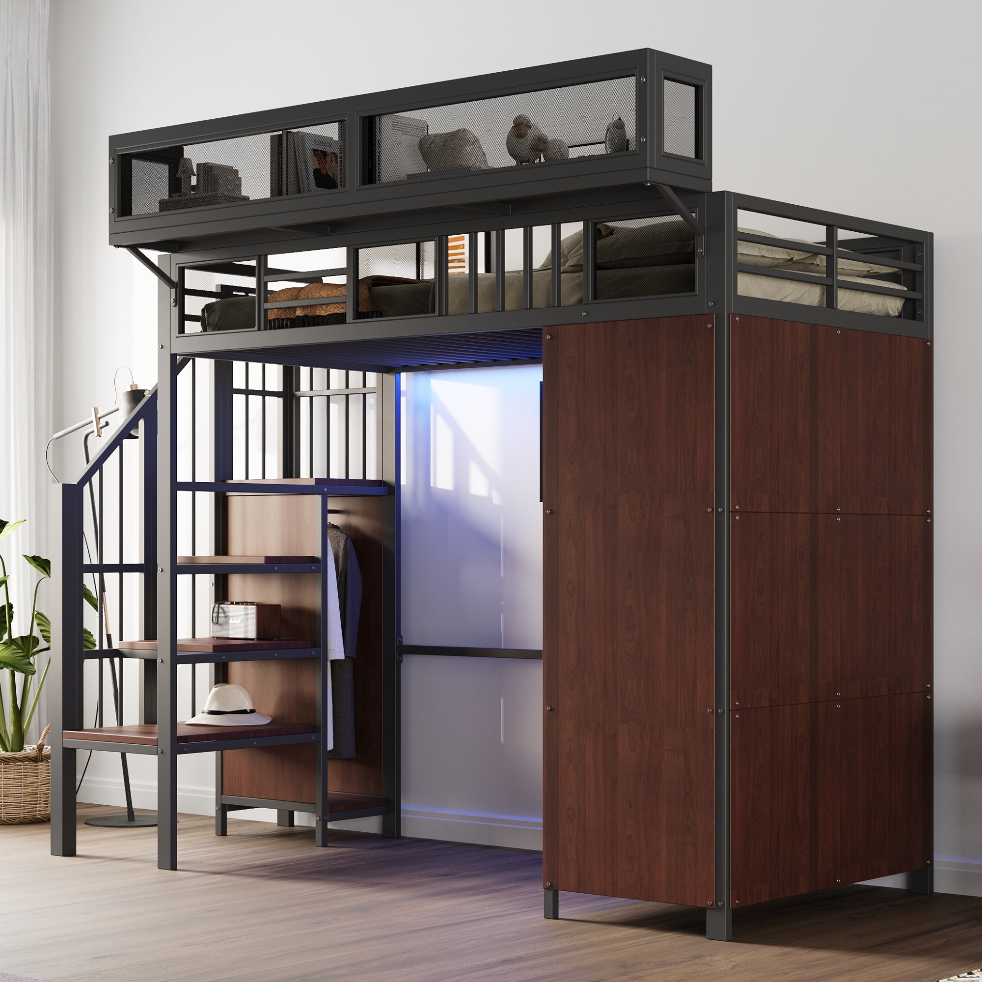 Lit mezzanine 90x200 avec armoire intégrée et éclairage LED, Lit simple avec barrières de sécurité en maille, étagères amovibles et échelle, Noir - 3