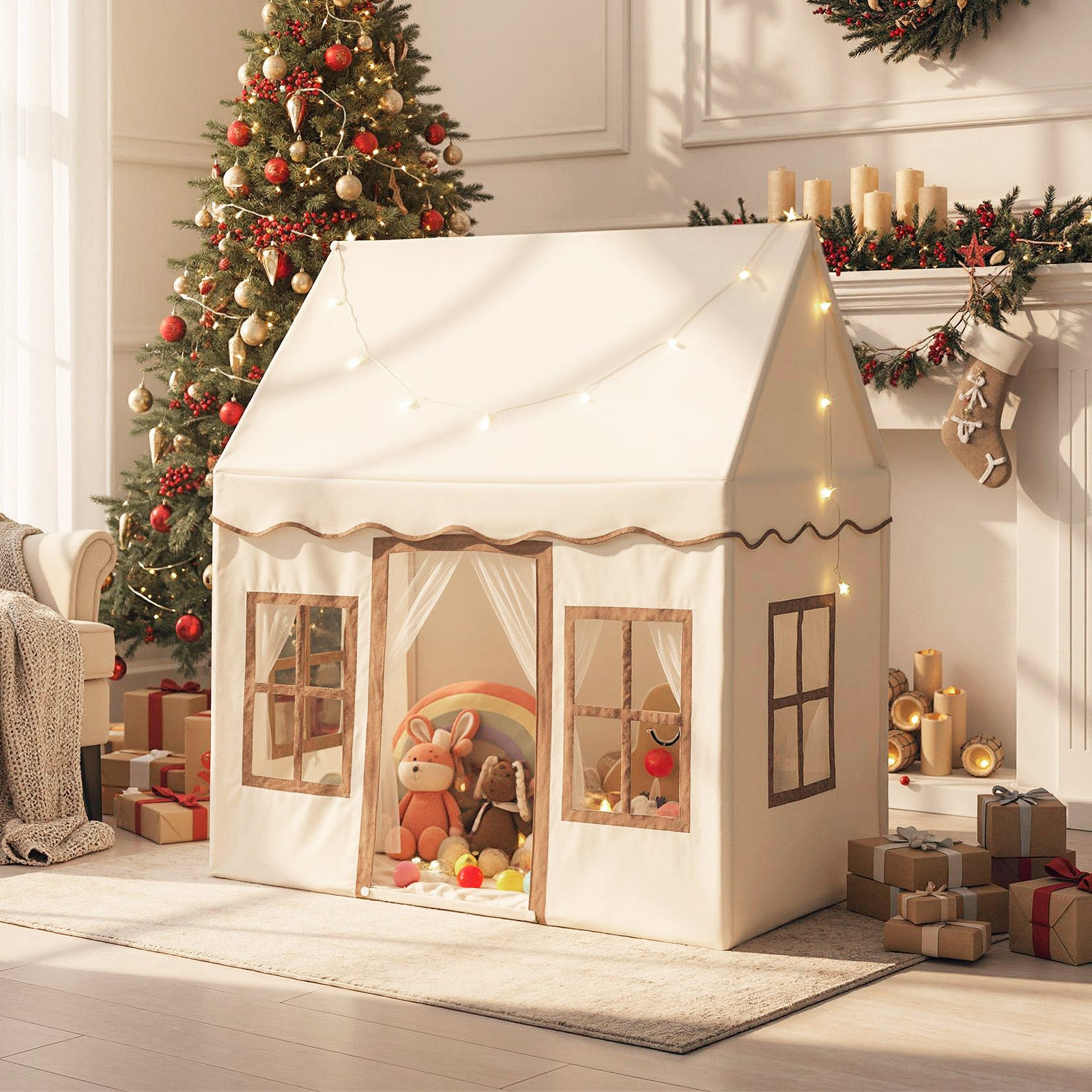 Tente De Jeux Enfant Princesse Rose Avec Lumière Étoiles – Cabane Intérieure 120x101x143 Cm, Tapis Antidérapant Et 4 Fenêtres