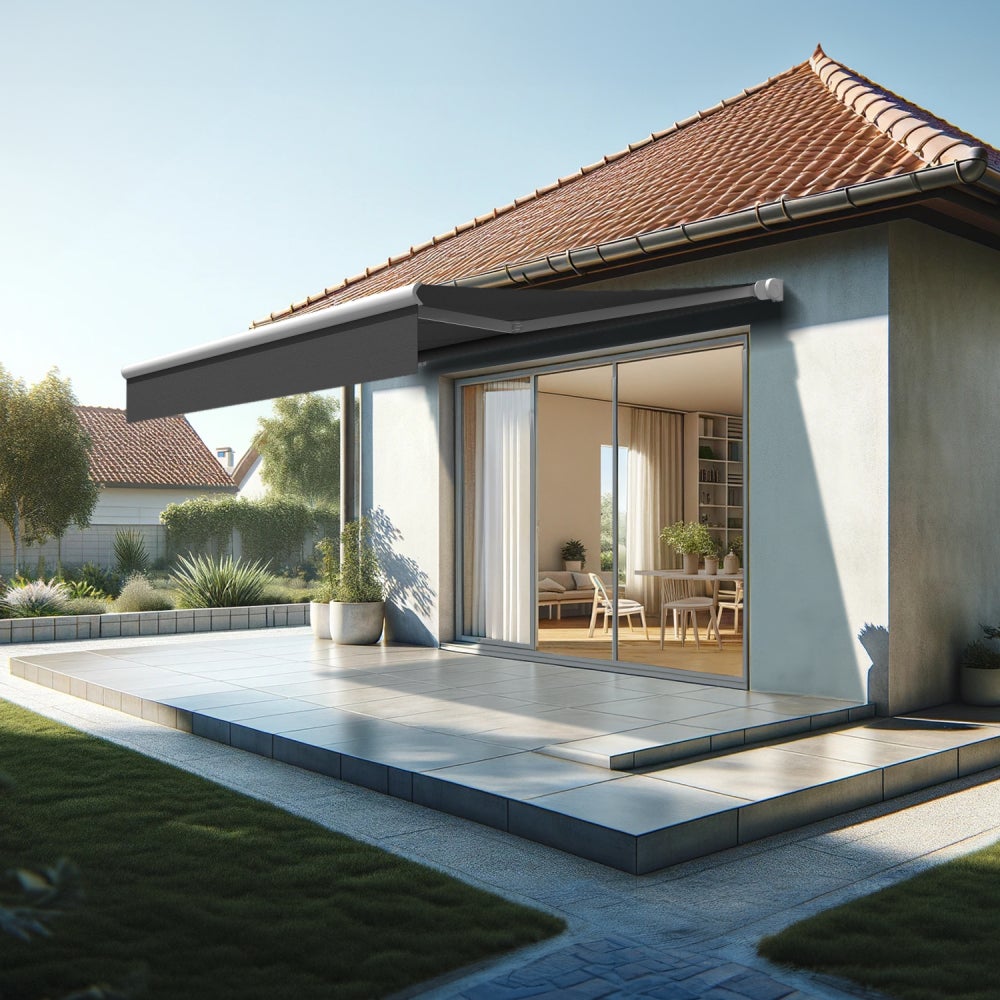 Toldo brazo extensible palos 3,00x2,00 m (motorizado con interruptor - estructura blanco - tela gris oscuro)