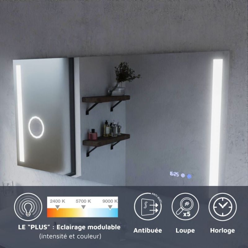 Miroir LED avec antibuée, loupe et horloge DUETTO - 140 x 70 cm - 2