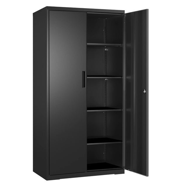 Armario metálico negro 40x80x180 cm con cerradura, 5 baldas ajustables y puertas dobles, carga 25 kg por balda, para garaje, taller y oficina