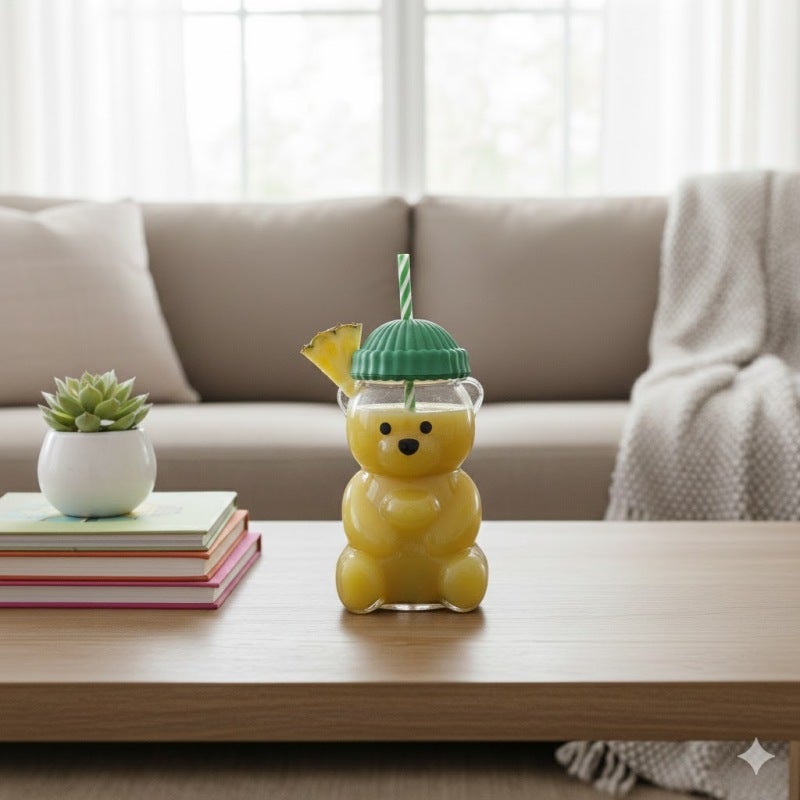 Décoration intérieure, Gobelet en verre en forme d'ours avec paille : un gobelet décoratif de bureau. - 5