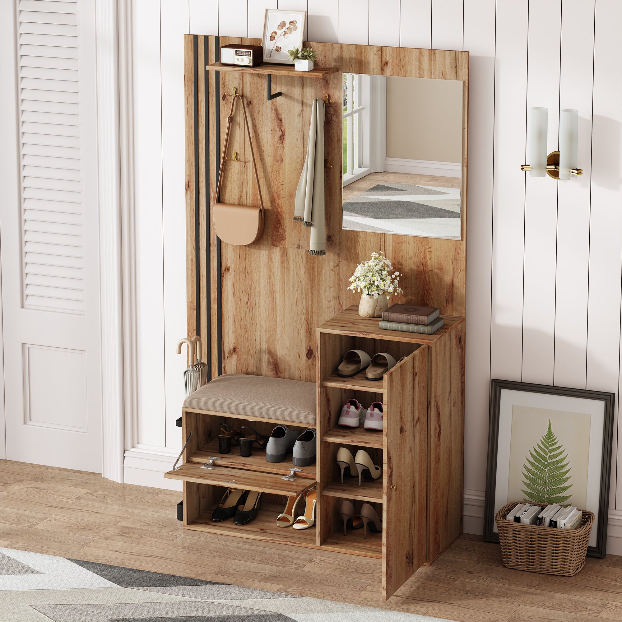 Ensemble vestiaire d'entrée 115x37x185 cm - avec miroir et crochets - acec siège rembourré - Porte-parapluie - Naturel - 4