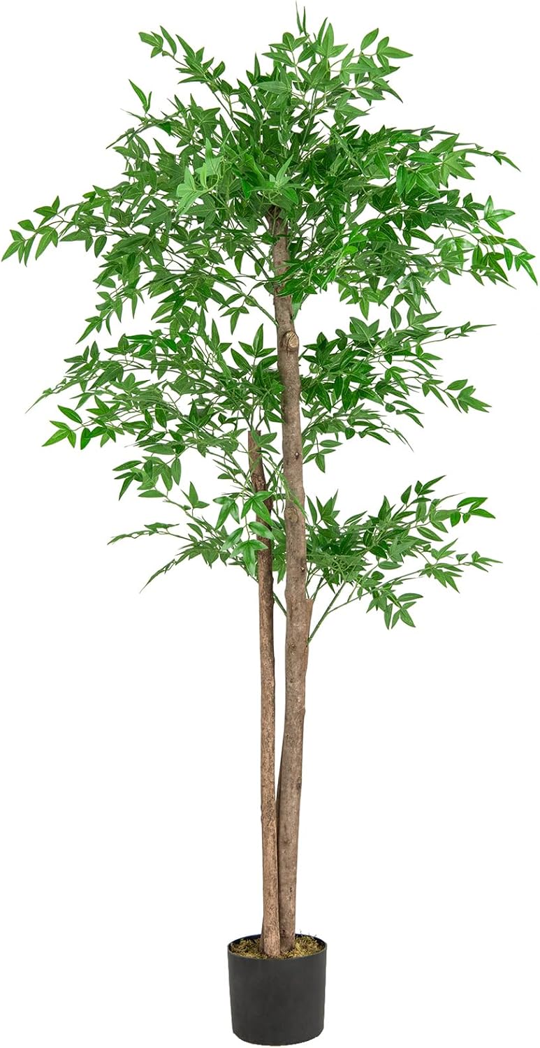 Sztuczne Drzewo Bambusowe, Syntetyczna Roślina Bambusowa z 1020 Liśćmi, Naturalnym Pniem i Realistycznym Mchem, Cementową Podstawą, 150 cm