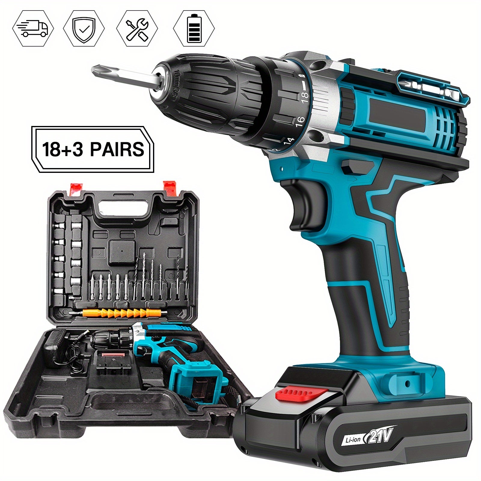 Perceuse-visseuse électrique au lithium 21 V, perceuse-visseuse haute vitesse 1&nbsp;350 tr/min, perceuse-visseuse domestique avec foret, deux batteries - 6