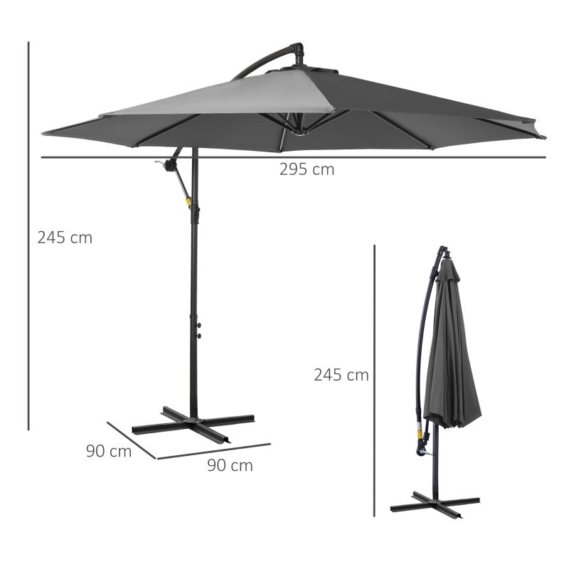 Parasol à manivelle avec structure en acier et tissu polyester gris Ø2,95x2,45m pour jardin terrasse balcon - 3