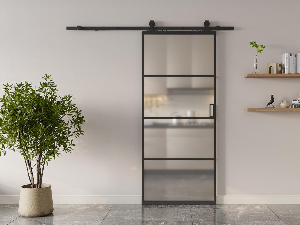 Drzwi przesuwne naścienne - aluminium i matowe szkło hartowane - wys. 205 x szer. 83 cm - SINCA II