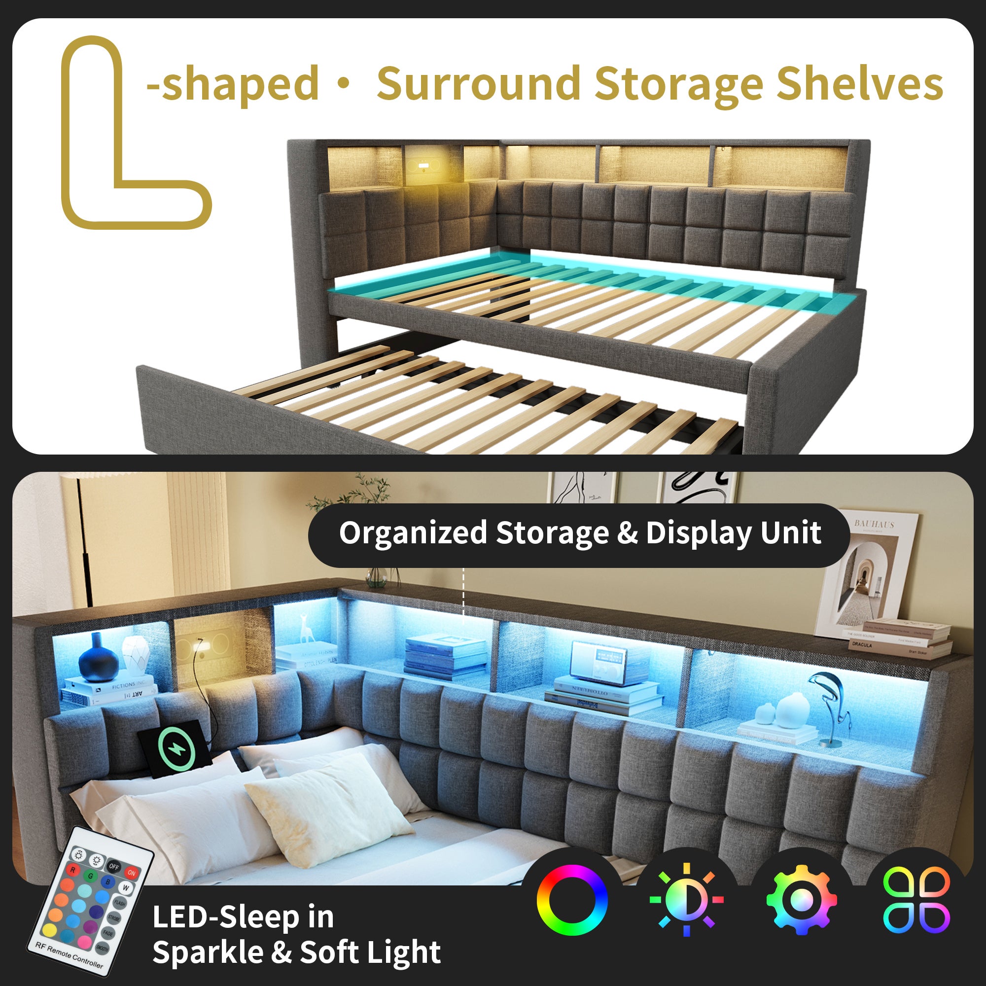 Lit rembourré 90x200cm,avec lit gigogne 90x190cm,Tête de lit en forme de L avec lumière LED et port USB,espace de rangement,Gris,Lin (sans matelas) - 6
