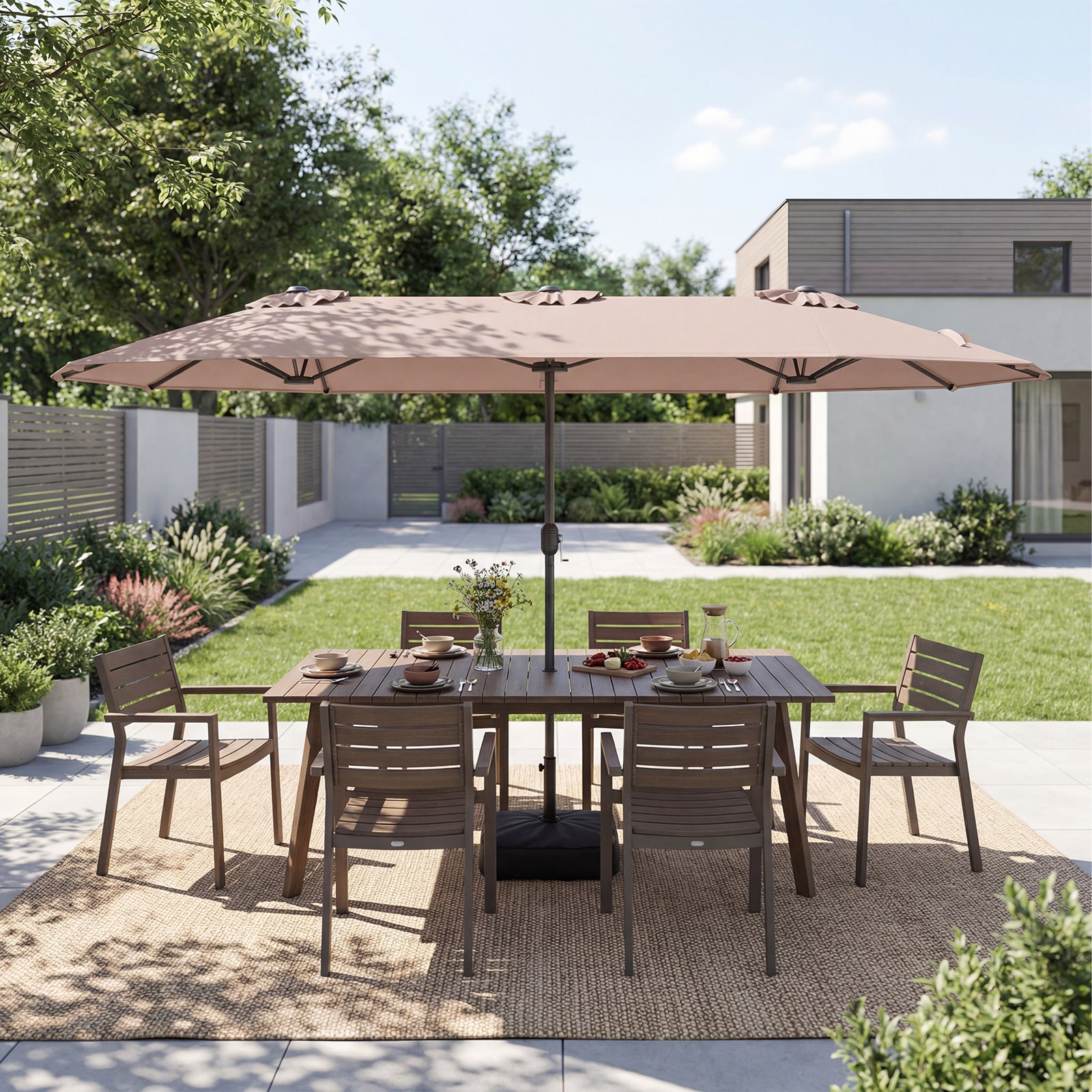 Parasol Double de Jardin 396 x 201 CM, Parasol Extra Large avec Manivelle et Socle Robuste, Parasol Jumeau pour Cour, Patio, Terrasse, Brun - 8
