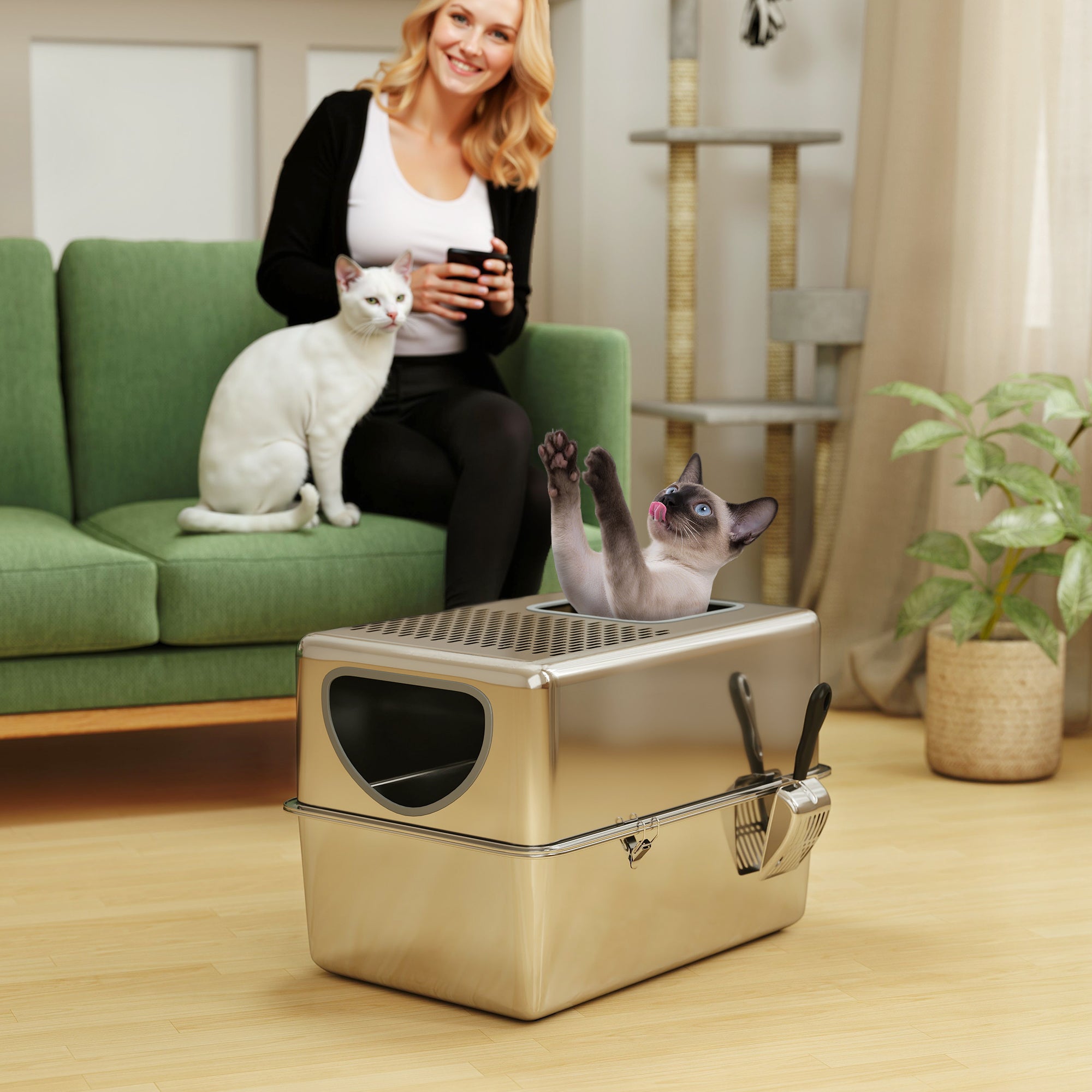 Arenero para Gatos PawHut Acero Inoxidable Plata 60x39.6x40.1 cm - 3