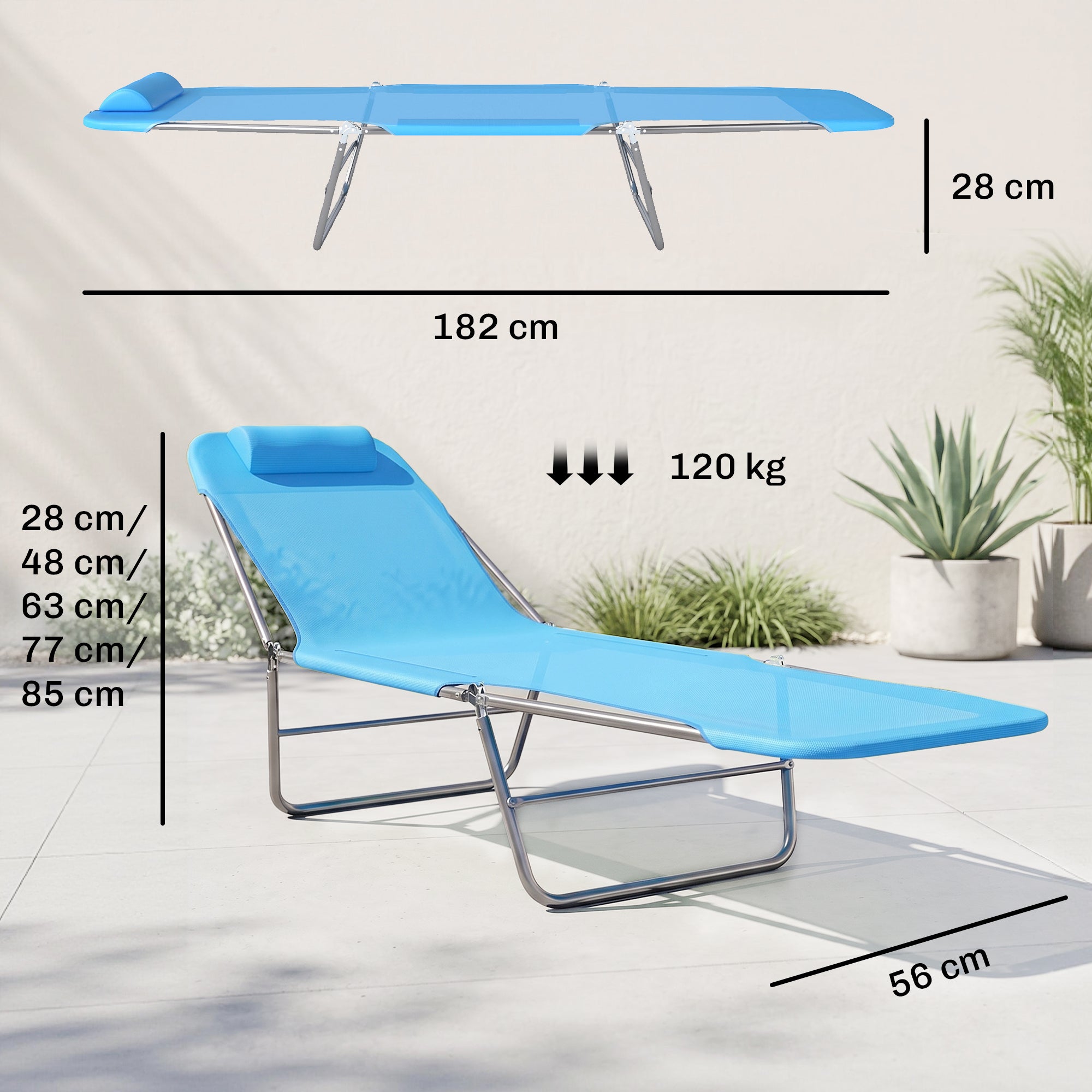 Transat pliant avec dossier inclinable et coussin, 182 x 56 x 24,5 cm - 5