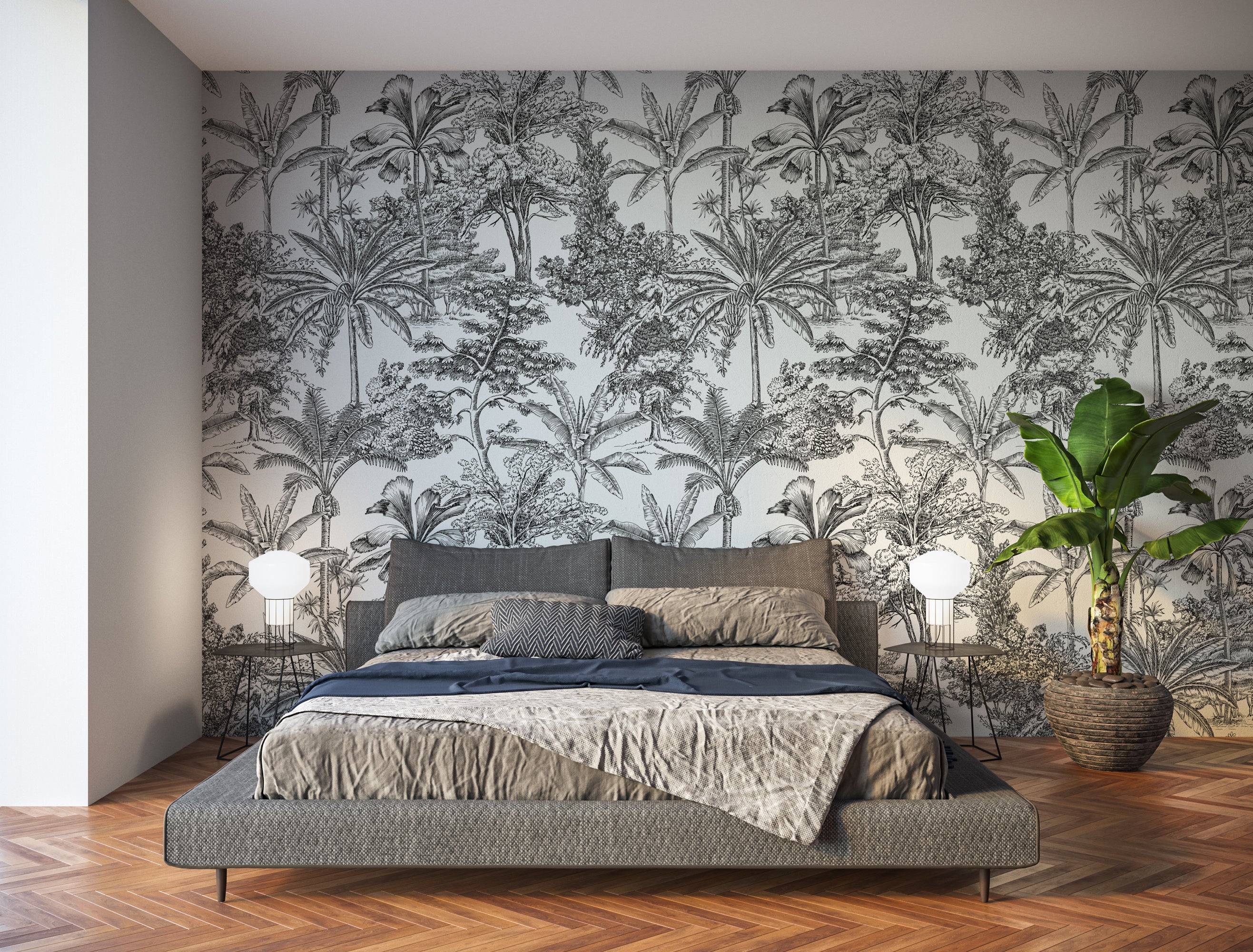 Papier peint vinyle lavable Arbres de la jungle en noir et blanc 135x300 cm, colle au mur, adapté salon, cuisine et salle de bain. - 3