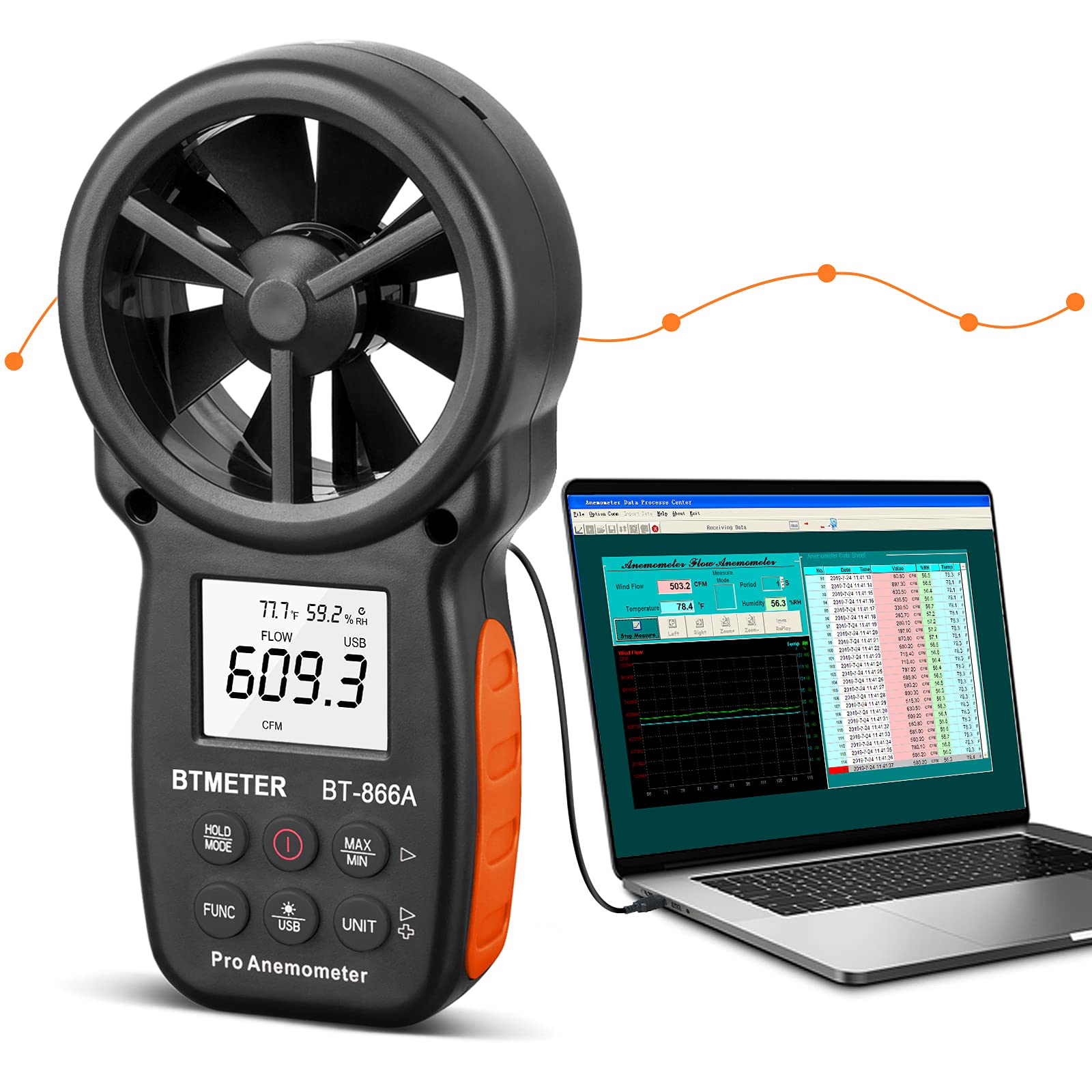 Anémomètre Numérique Portatif HOLDPEAK - Mesure Vitesse Du Vent, Température, Débit D'air (CFM), Avec écran Rétroéclairé