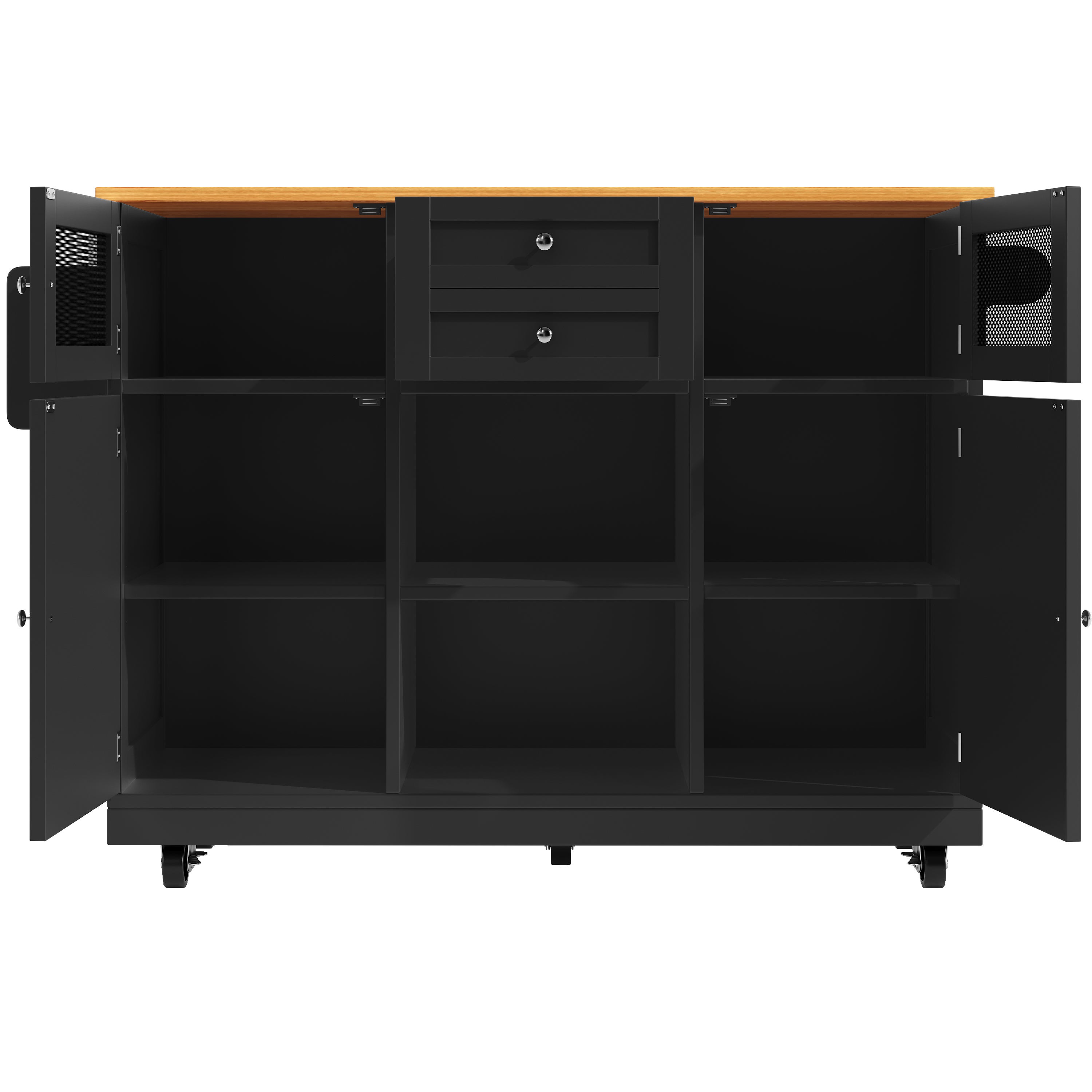 Ilot central de cuisine mobile 140x70x93.5cm - 2 tiroirs et 4 portes - plateau extensible - étagères ajustables - noir - 8