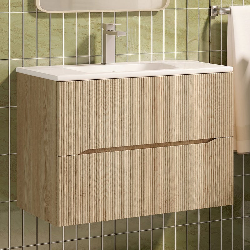 Podwieszana szafka łazienkowa prążkowana z z umywalką do zabudowy i kranem - Jasny naturalny - 80 cm - ORISO