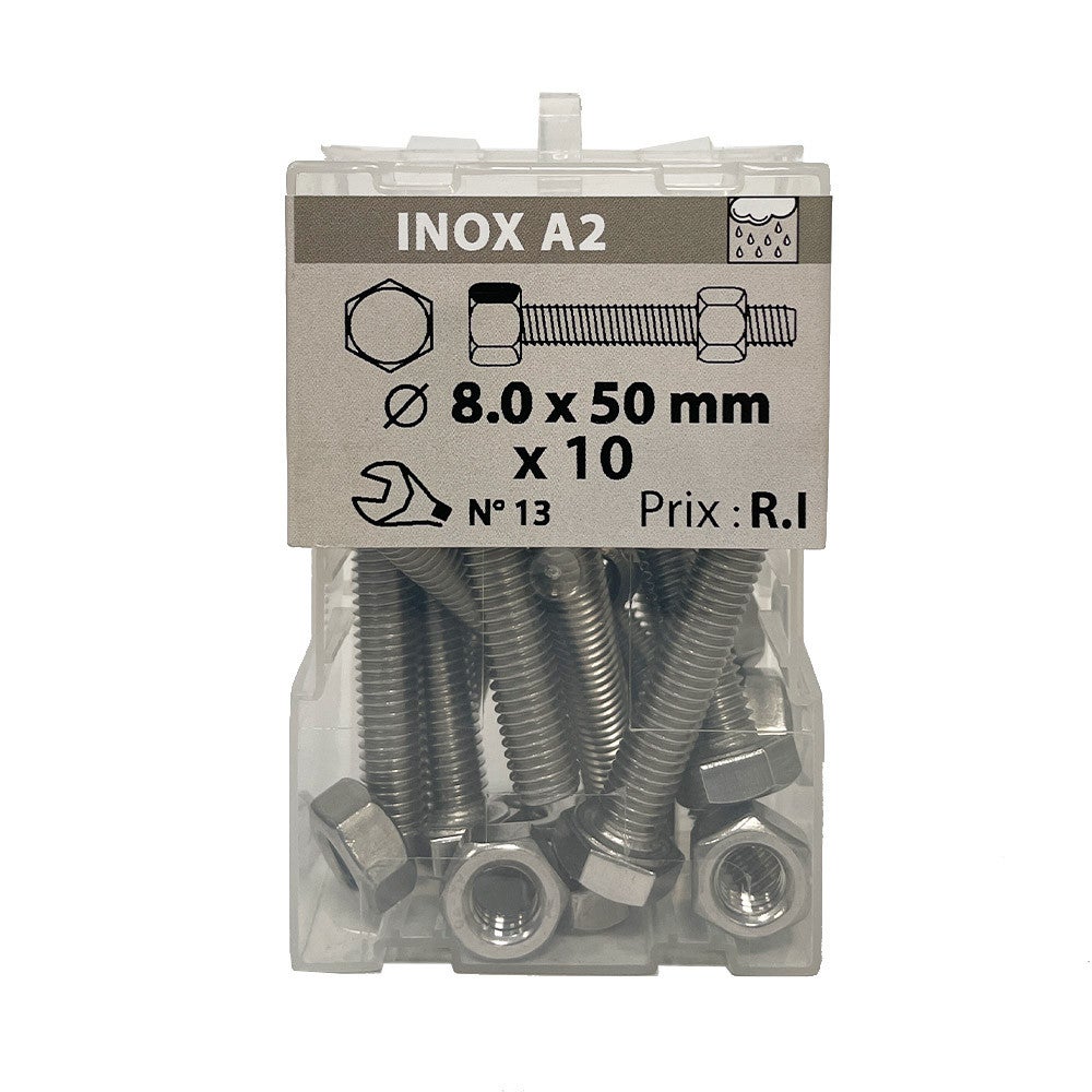 Boite 10 vis 8 x 50mm tête hexagonale + écrou inox A2 - Viswood | Leroy ...