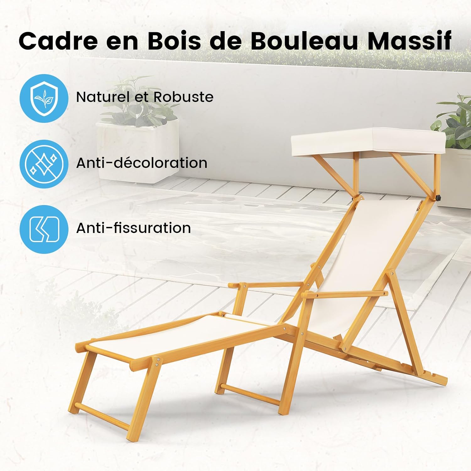 Sedia a Sdraio in Legno di Betulla, Lettino Prendisole da Giardino, Sedia da Spiaggia Pieghevole con Cappottina Regolabile e Rimovibile, Schie - 7