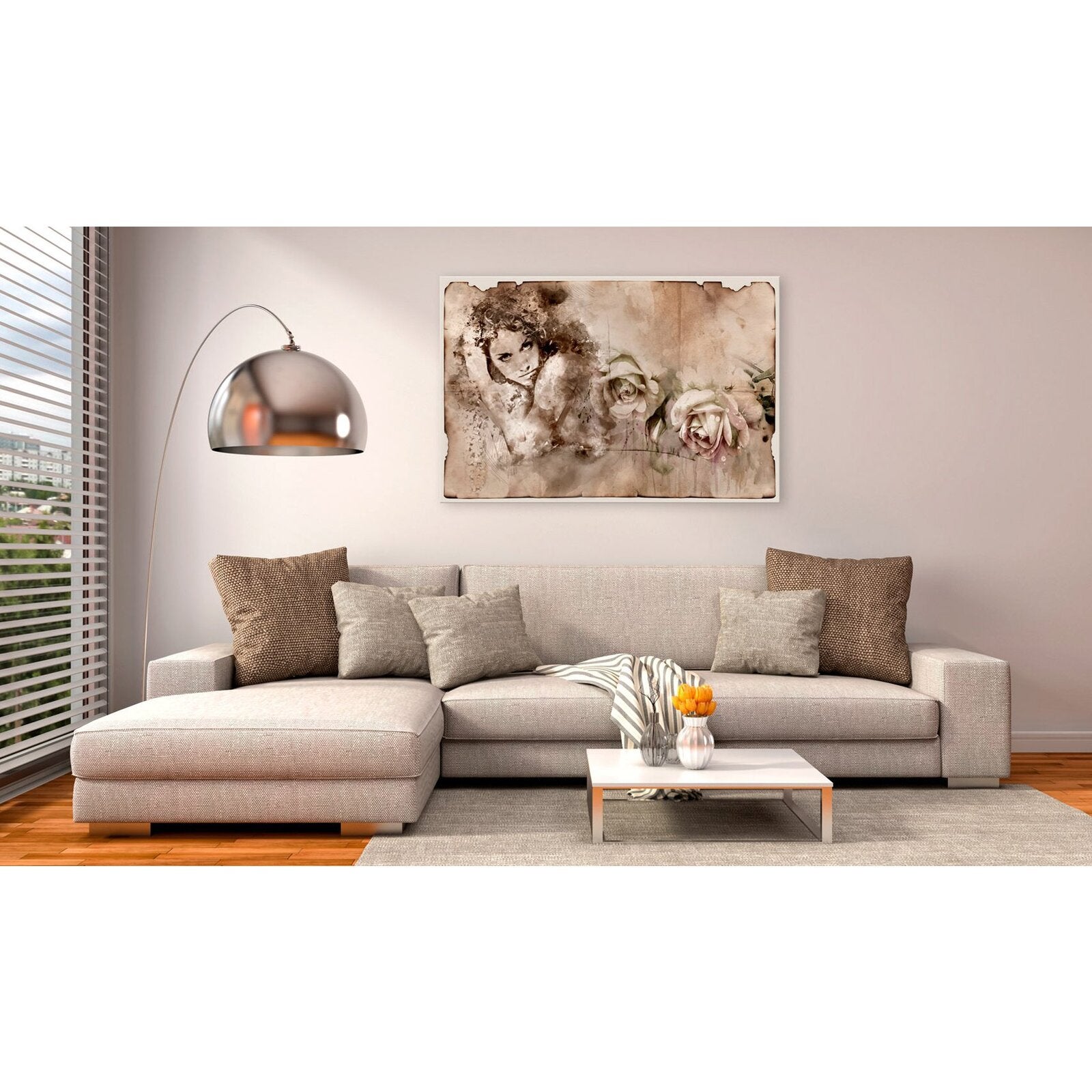 Tableau femme de style rétro et roses - 90 x 60 cm - 2