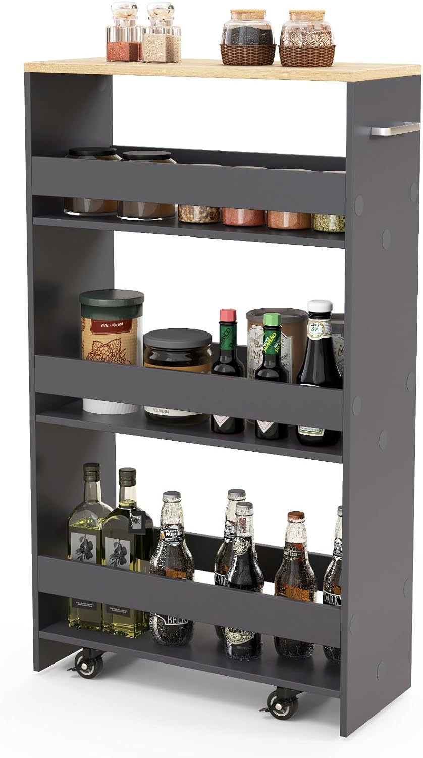 4-poziomowy Wózek Kuchenny, 4 Kółka Obrotowe 360°, Wszechstronna Półka Kuchenna z Uchwytem Bocznym, do Kuchni/Łazienki/Salonu