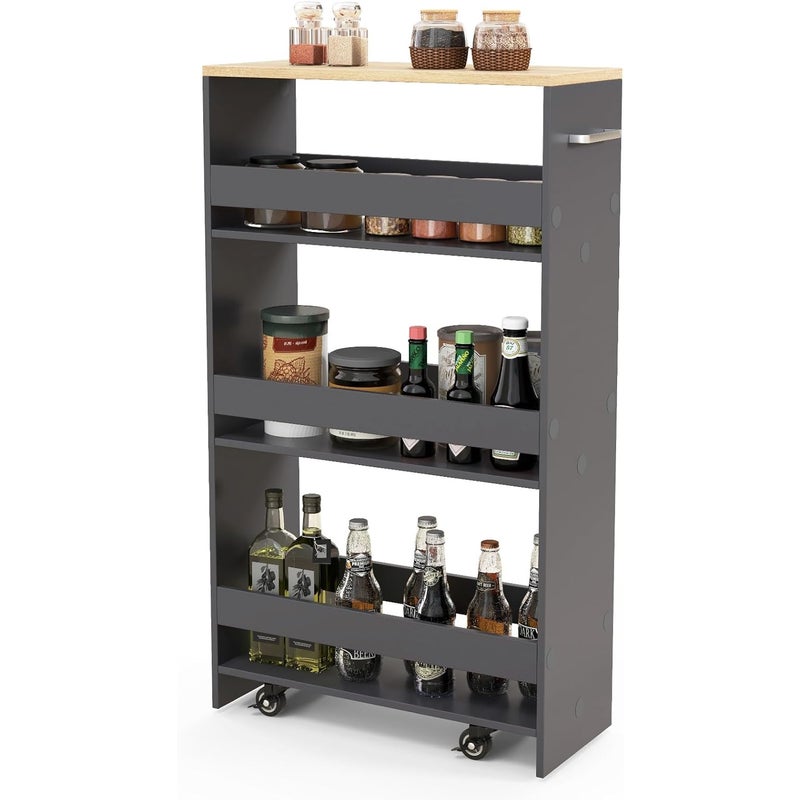 4-poziomowy Wózek Kuchenny, 4 Kółka Obrotowe 360°, Wszechstronna Półka Kuchenna z Uchwytem Bocznym, do Kuchni/Łazienki/Salonu