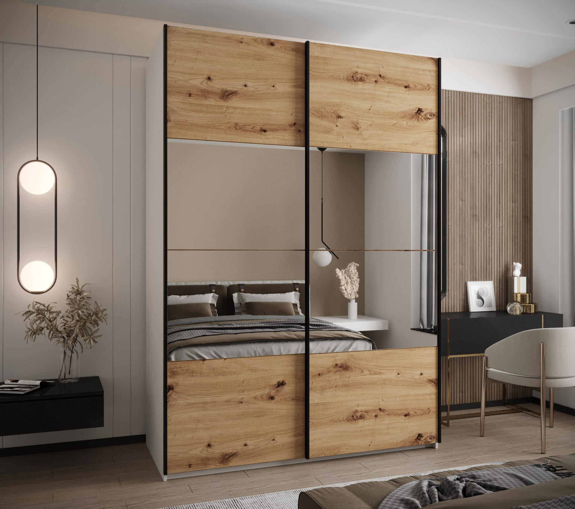 Szafa przesuwna wysoka Lux 4 170 x 64 x 245,5 cm biały + artisan + u. czarny - Abiks Meble - 2