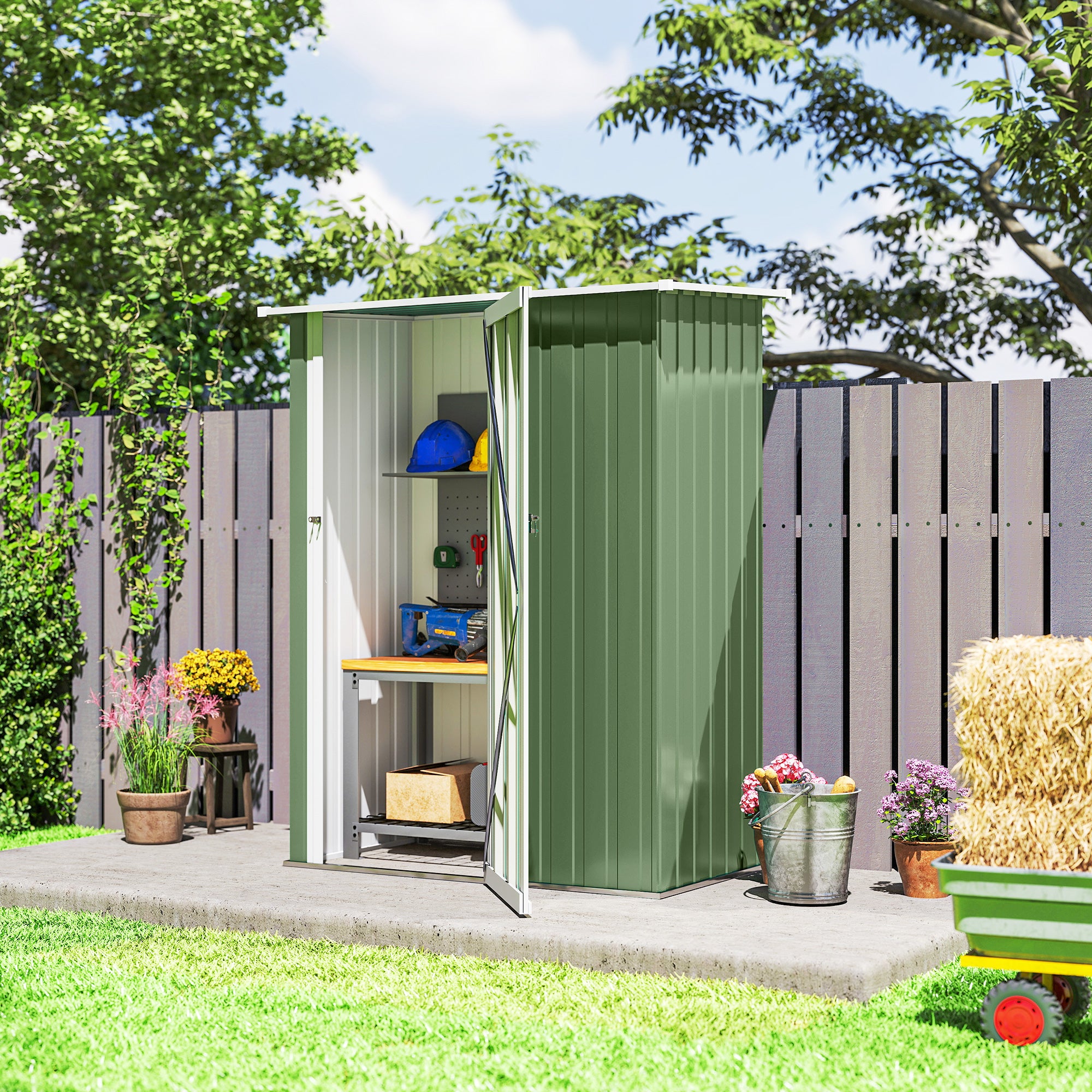 Cet abri de jardin en métal a une superficie de 1,07 mètre carré, un toit en pente, une porte verrouillable et un abri à outils. - 8