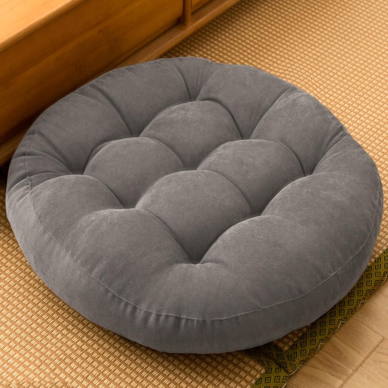 Okrągła poduszka na krzesło – odpowiednia do domu, biura, jadalni i kuchni. Szara, 55 cm/21 cali, 1 sztuka.