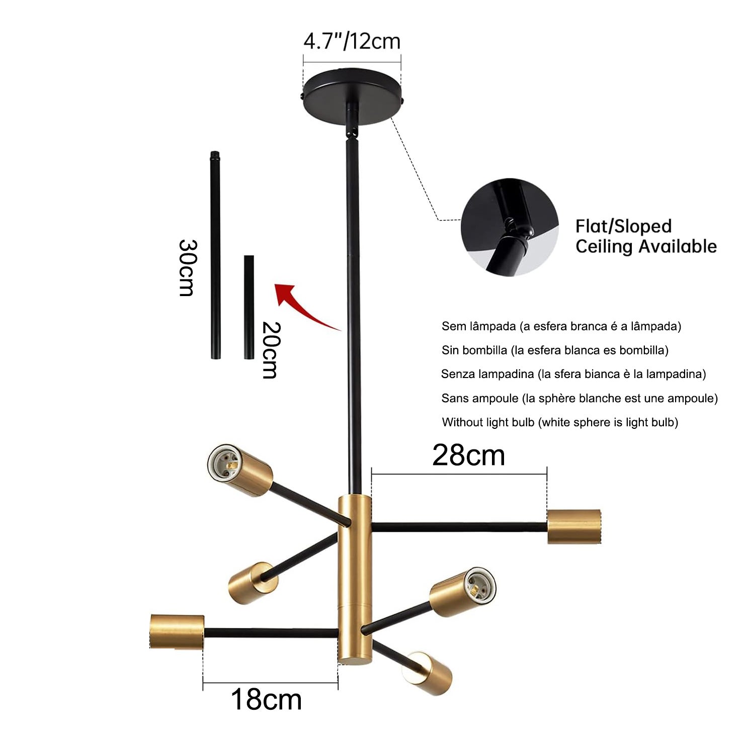 Nowoczesny żyrandol Sputnik, 6-punktowa lampa sufitowa w stylu Mid-Century, lampa wisząca w stylu retro industrialnym, żyrandol (bez białej żarówki) - 4