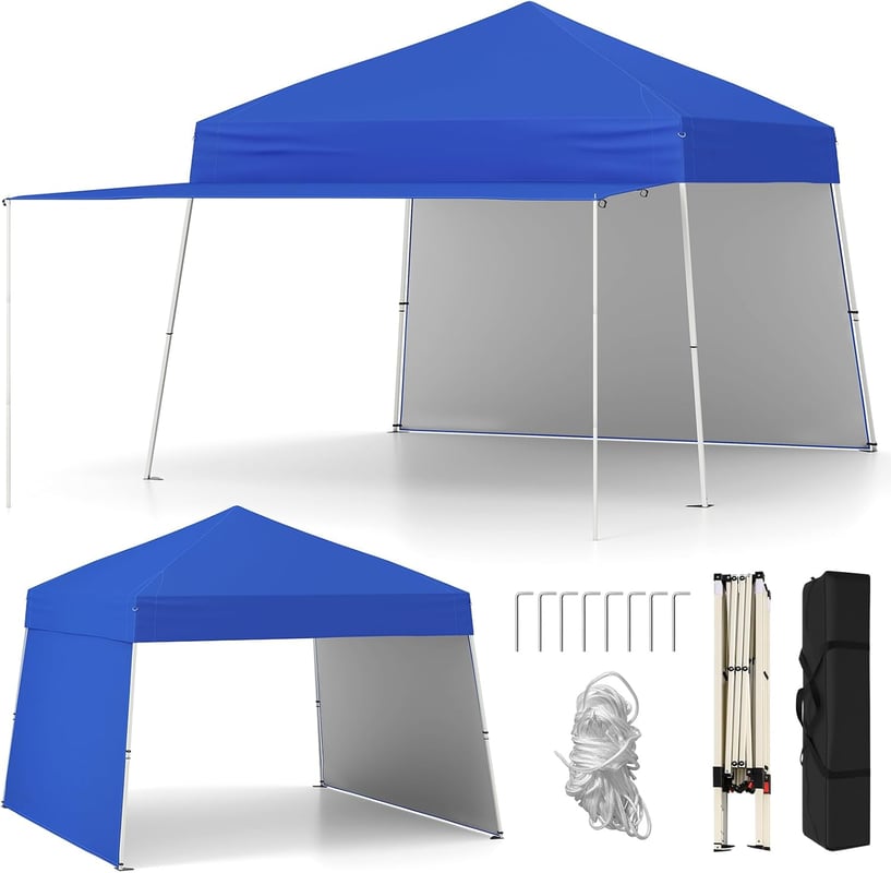 Altana Ogrodowa Zewnętrzna, 430 x 280 x 254/264 cm, 2 Ścianki Boczne, Przeciwsłoneczny, o Regulowanych Nóżkach, 8 Śledzi, 4 Linki, Torba, Niebieska