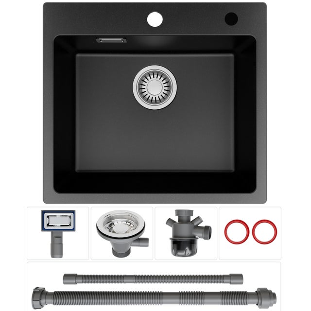 CECIPA MAX Évier de Cuisine 50*45cm en Granit Noir, Évier à Encastrer Kit de Vidage, Évier 1 Bac en Quartz et Résine