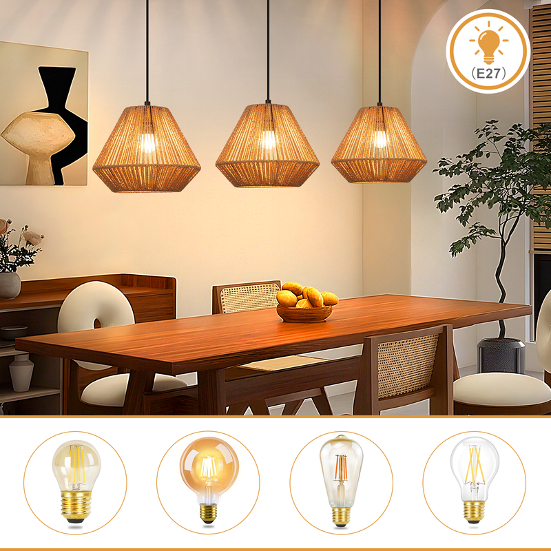 Nettlife Lampada Sospensione Boho Rattan - Lampadario 3 Luci E27, Regolabile, Stile Retrò, Tavolo Pranzo Camera (Senza Lampadina) - 5