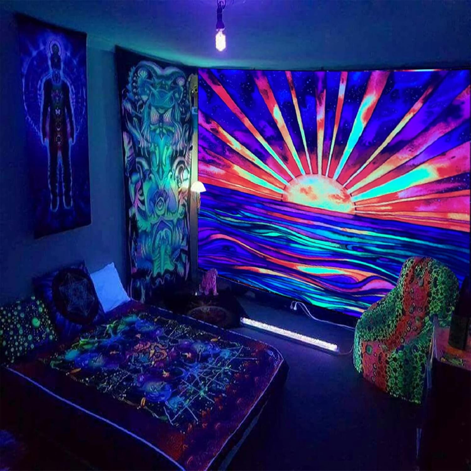 Gobelin w stylu boho z tęczowym słońcem – reagujący na światło UV, do eleganckiej sypialni (152 x 203 cm) - 2