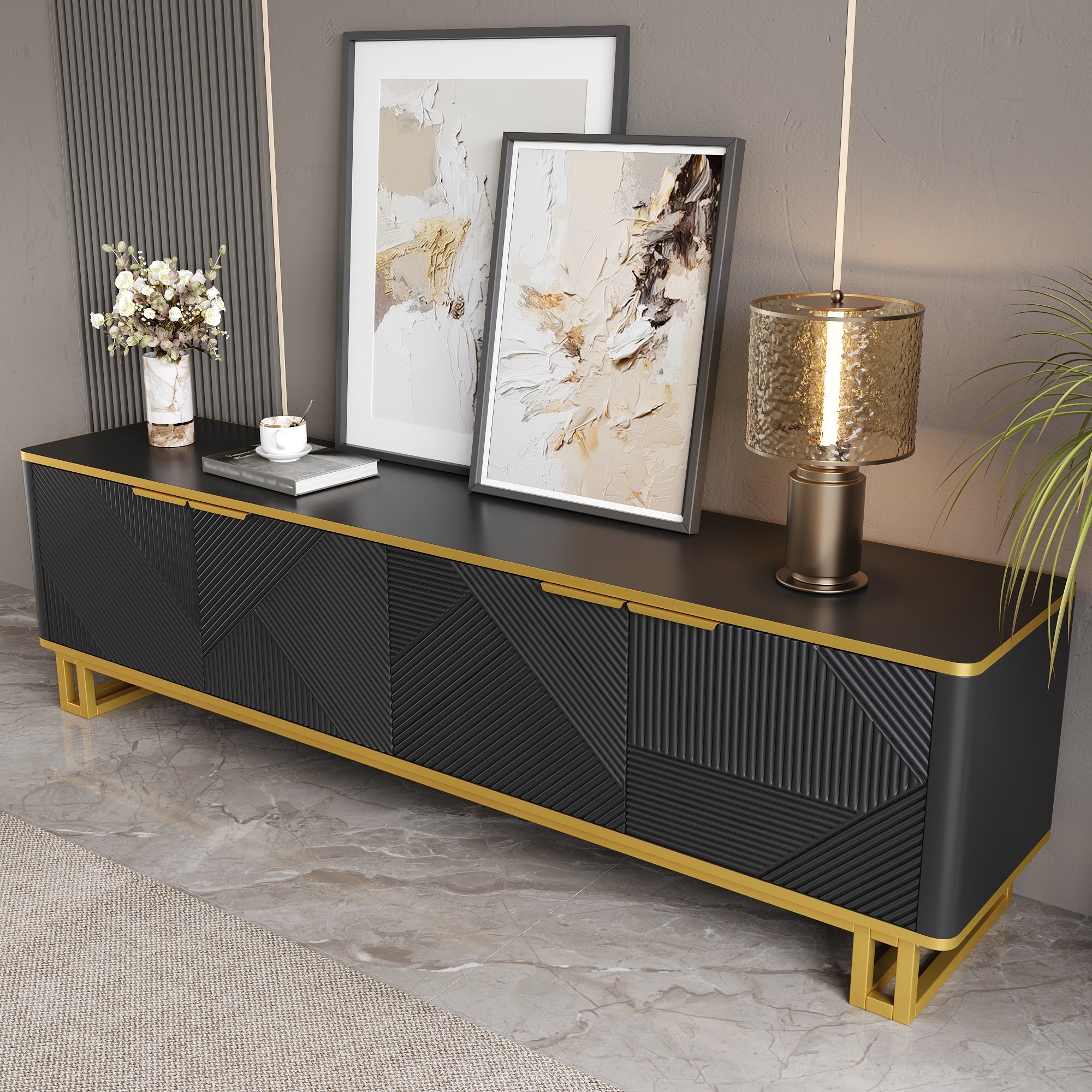 Stojak pod TV z 4 drzwiami - 160 x 37,5 x 48 cm - MDF i nogi z metalu w kolorze złotym - Czarny - 5