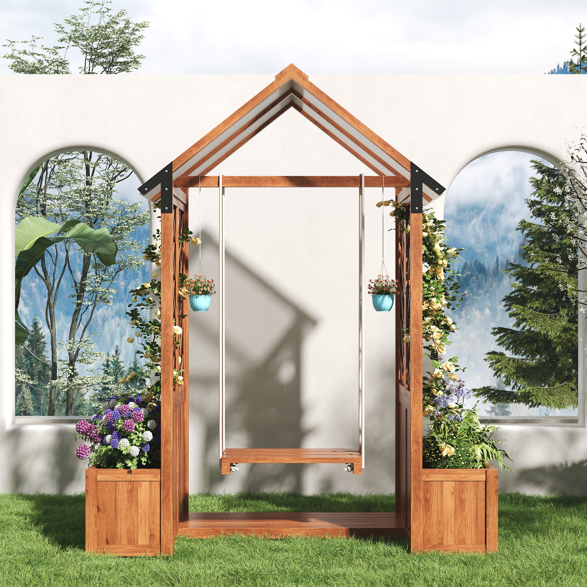 Balancelle de jardin en bois massif avec toit + lot de 2 Jardinière pour Plante Grimpante Vigne - 142 x 70 x 163 cm - Marron - 7