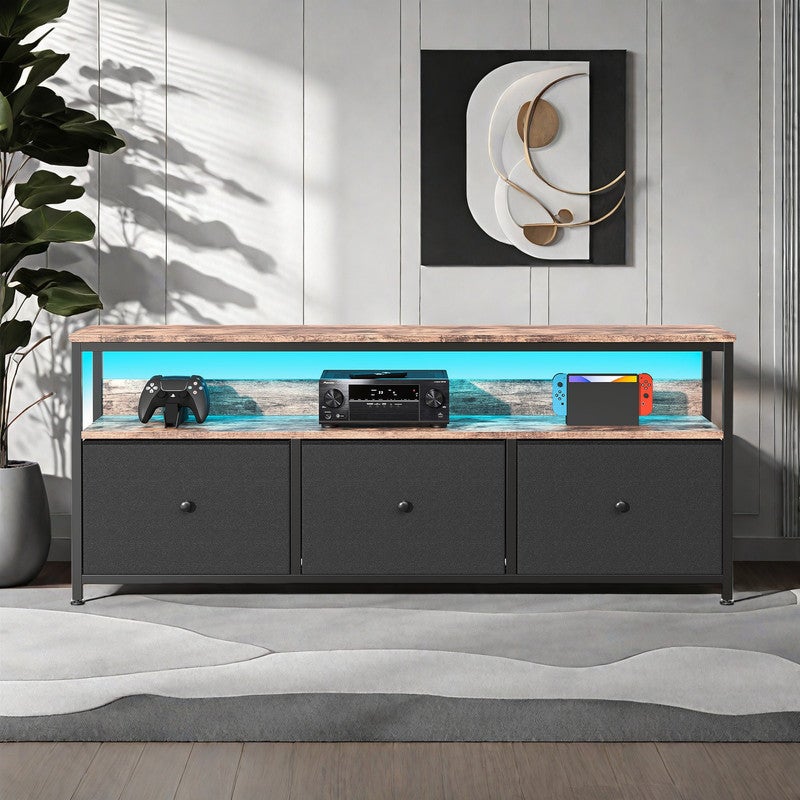 Meuble TV, 108x30x57cm, avec bande lumineuse LED et 3 tiroirs, pieds réglables en hauteur, structure en fer, meuble tele - 4