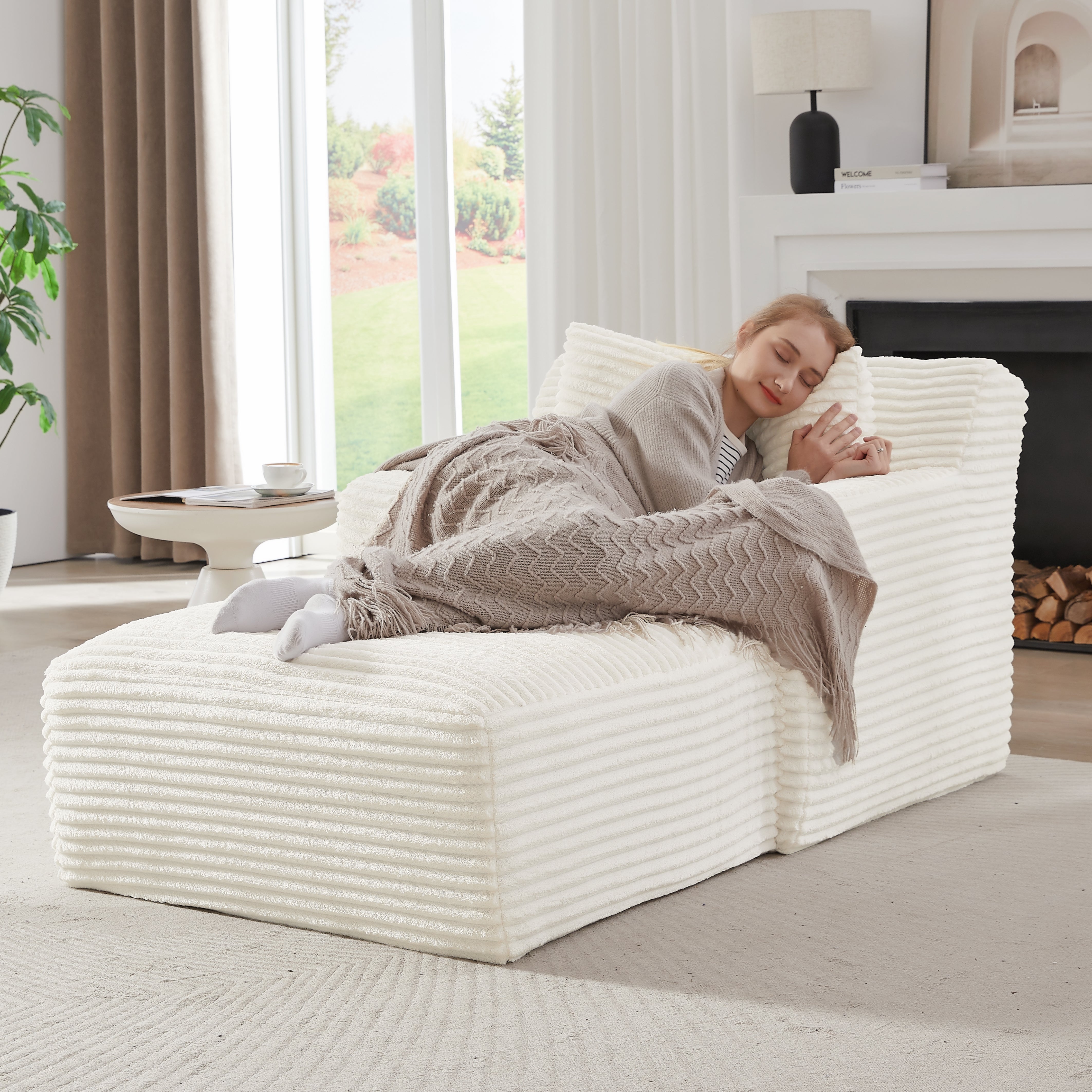 Canapé lit 3 en 1 méridienne et inclinable, velours côtelé confortable - Prêt à l'emploi, idéal petit espace -Blanc - 2