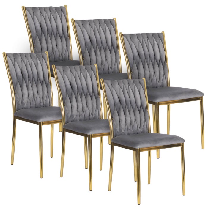 Zestaw 6 Krzeseł Plecionych Welurowych Tapicerowanych Glamour Szare Dan