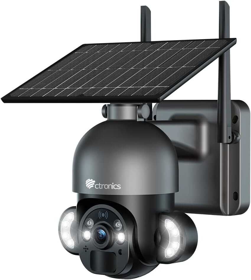 Ctronics 4MP Kamera do monitoringu WiFi solarna zewnętrzna PTZ, akumulator ładowalny, kolorowe widzenie nocne, detekcja ludzi PIR, slot na kartę TF