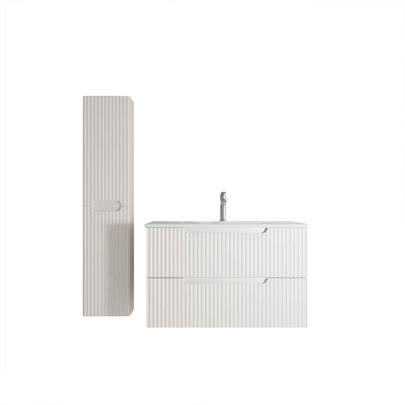 Meuble et colonne de Salle de Bains LEON 80cm Blanc Neige - Façades Ondulées - Vasque Blanche Mate - 3