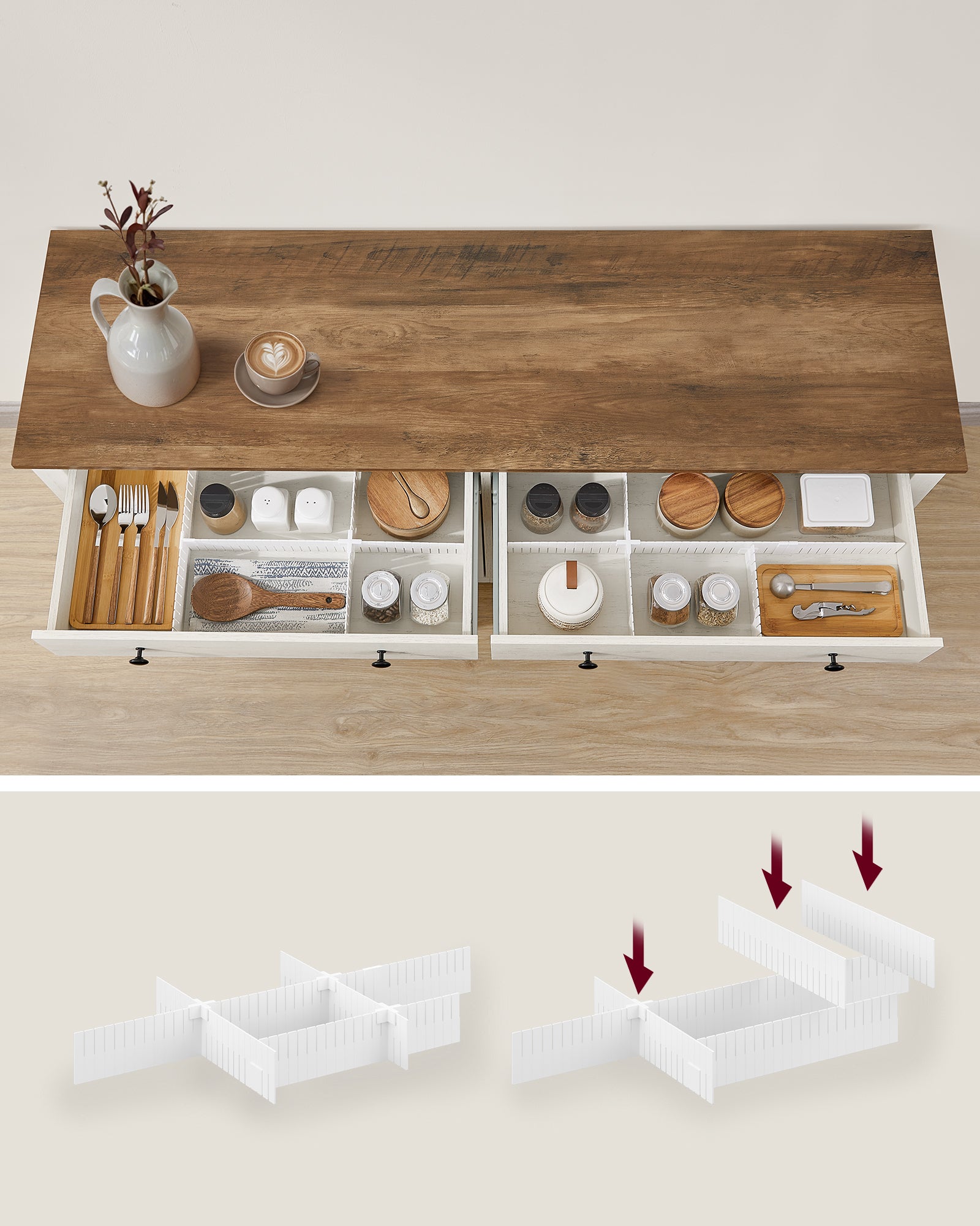 Buffet, Meuble de Rangement avec Tiroir, avec Portes, Étagère Réglable, Style Campagne, 40 x 140 x 80 cm, Blanc Rustique et Marron Miel - 4